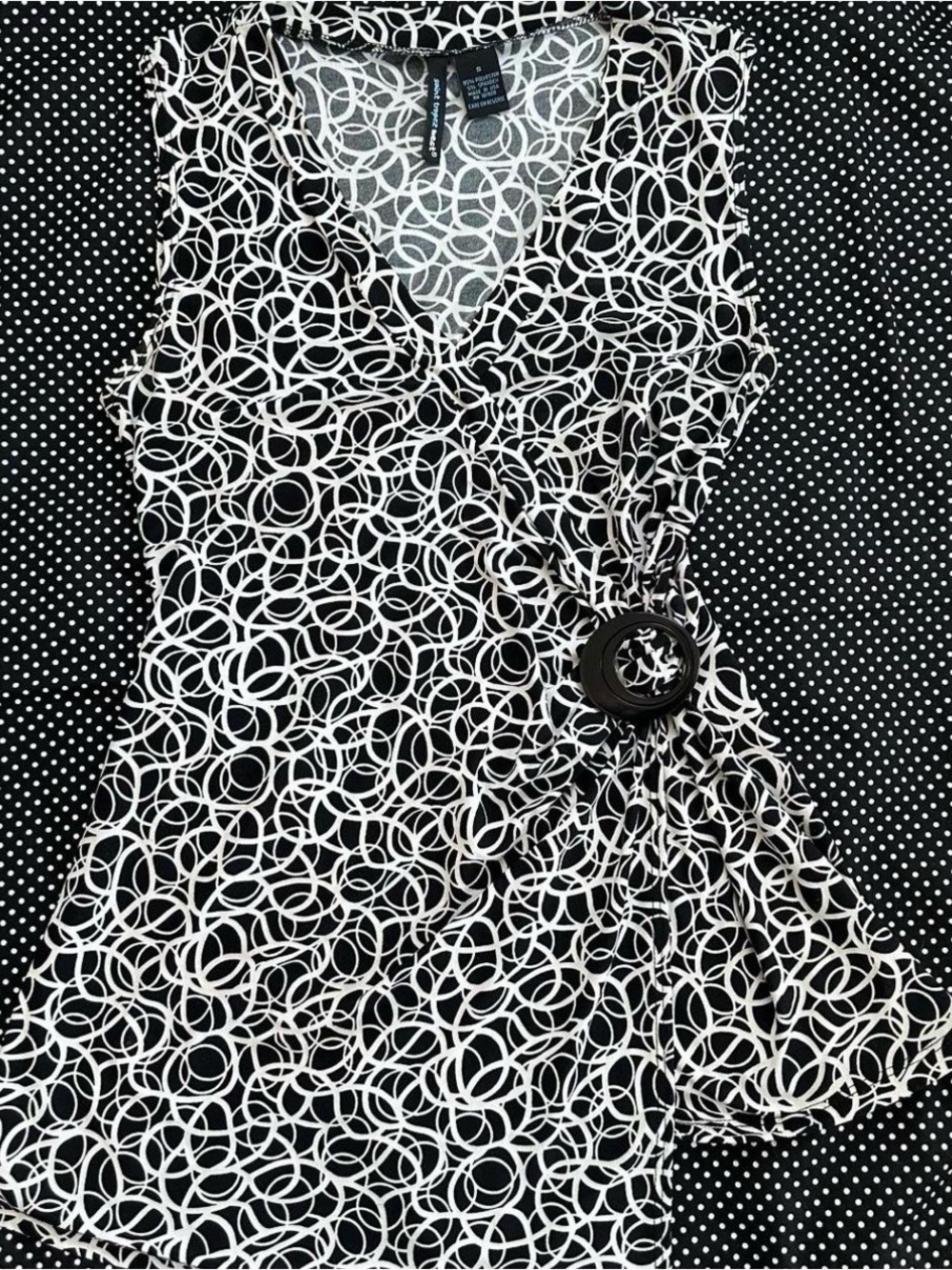 Saint Tropez West Black and White Sleeveless Faux-Wrap Dress with Ring Detail